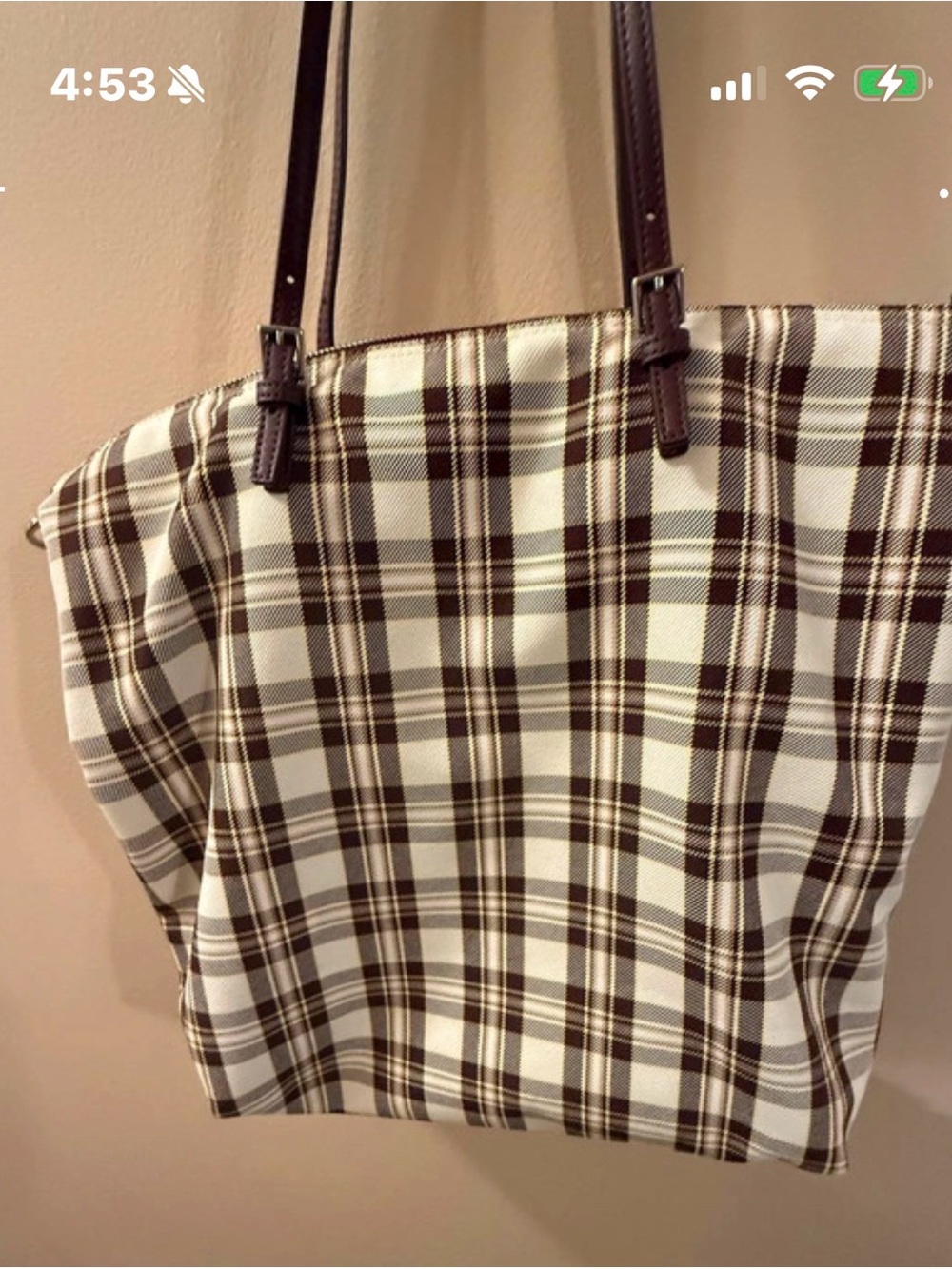 Tory Burch Plaid Canvas Tote Bag with Brown Trim and crossbody strap - Picture 2 of 9